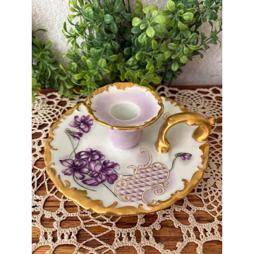 Antique T&V Limoges France Chamber Candlestick Hand Painted Purple Floral Gold